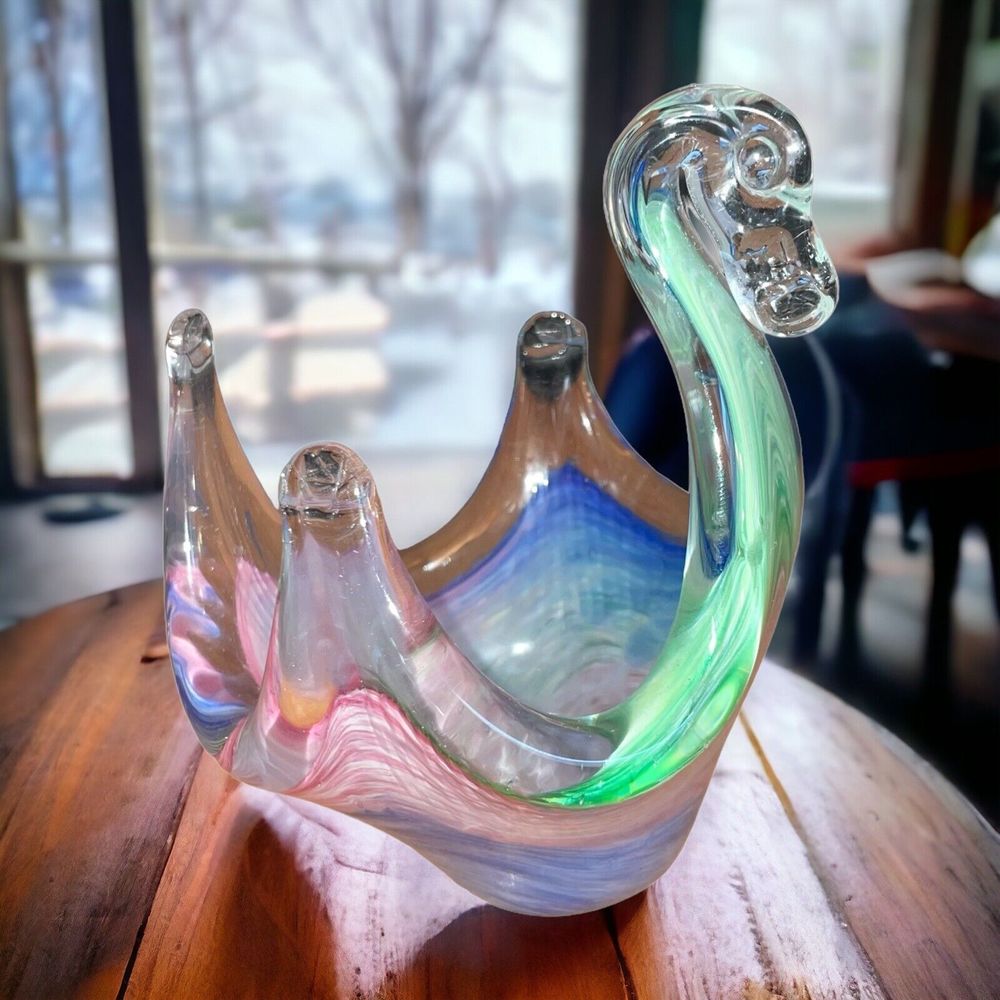 Murano Glassware Italy Rainbow Colored Art Glass Swan Trinket Dish